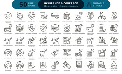 Insurance and risk protection icon set. Thin line editable stroke icons for financial security, personal and property insurance, risk management, legal coverage, and claims processing.