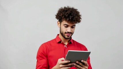 A cheerful young man with curly brown hair, wearing a vibrant red shirt, is looking intently at a gray tablet in his hands.