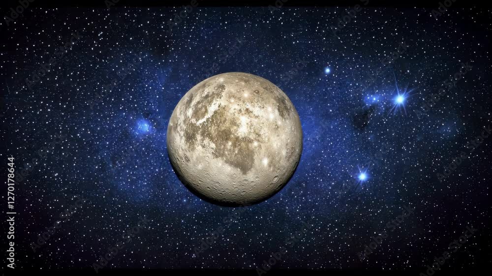 Poster detailed vdo of moon set against starry night sky showcasing craters and surface texture with bright