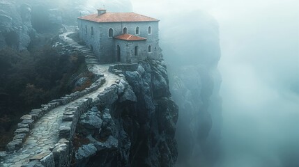 Nestled on the edge of a breathtaking cliff, a charming stone chapel emerges from the morning fog, creating a serene atmosphere that captivates the senses.