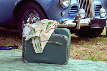 beautiful retro car close up and retro case