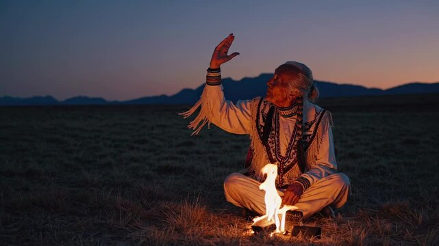 A serene video scene at dusk shows a person in traditional attire meditating by a small fire. The low-angle shot captures the vast landscape and mountains.