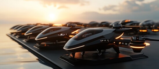 Future transportation autonomous air taxi fleet on the airport platform at sunset