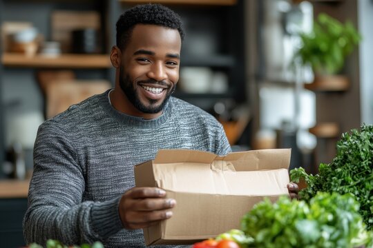 A customer opening a returned package with satisfaction in their kitchen