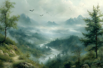 Obraz premium Misty Mountain Valley Landscape With River And Trees