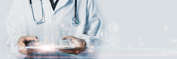 Doctor Using System Analysis treatment Healthcare Patient, Data Network via Cloud, Digital Healthcare with artificial intelligence Or AI, Future Medical Technology and Patient Care Innovation concept