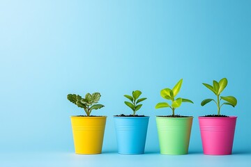 Obraz premium Colorful Potted Plants Against a Sky Blue Background