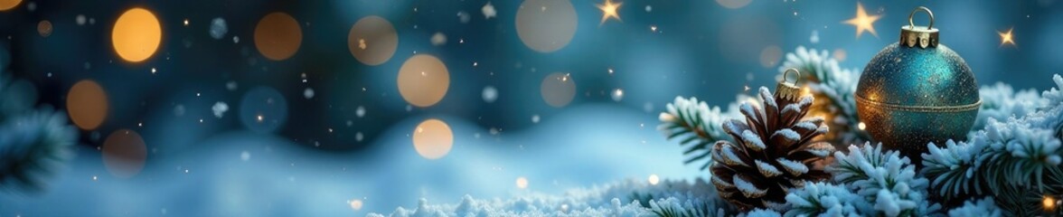 Naklejka premium snow-covered pinecones and frosted glass ornaments in shades of blue and gold create a magical winter wonderland scene on top of the Christmas tree, whimsical, enchanting