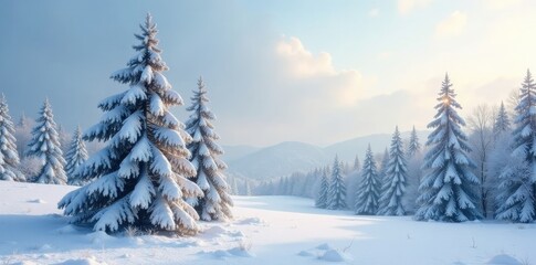 Fototapeta premium Snow-covered trees swaying gently in morning breeze, frozen, trees