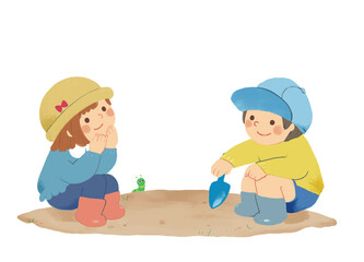 砂遊びする　男の子と女の子