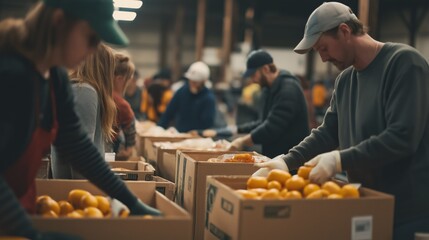 A dedicated group of volunteers works diligently in a spacious food bank, packing fresh produce into boxes. The atmosphere is filled with camaraderie and purpose as they aim to help those in need