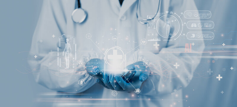 Doctor Using System Analysis treatment Healthcare Patient, Data Network via Cloud, Digital Healthcare with artificial intelligence Or AI, Future Medical Technology and Patient Care Innovation concept