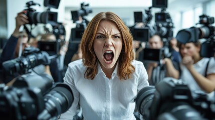 Woman Screaming Surrounded By Cameras And Reporters