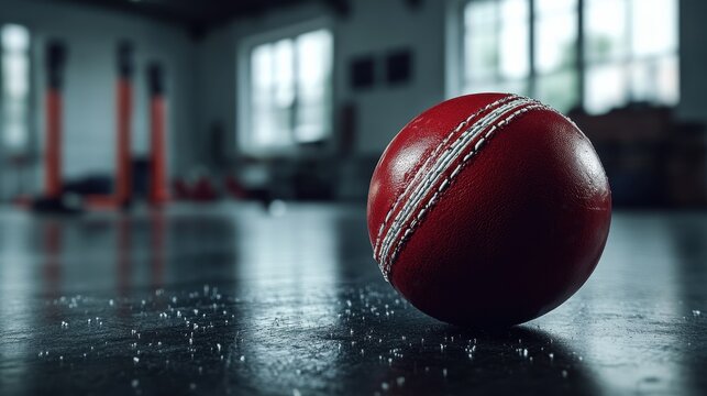 Close-Up of a Red Cricket Ball on a Glossy Surface in Indoor Training Facility