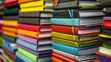 A vibrant collection of colorful notebooks stacked neatly on shelves in a stationery store