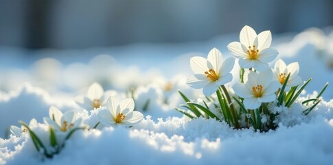 White flowers blooming through snow-covered ground, nature, wildflowers, frost