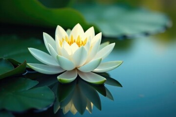 White lotus flower blooming at the surface of calm water, water lily, aquatic life
