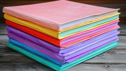 Colorful stack of binders on a wooden surface, showcasing vibrant hues and organized stationery