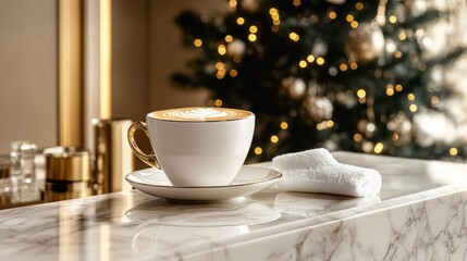 Fototapeta premium Festive Latte Coffee Cup Near Christmas Tree