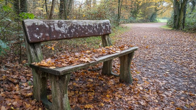 A rustic wooden bench sits covered in fallen autumn leaves along a path in a forest. The tranquil scene evokes a sense of peace and solitude.