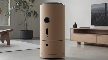 Modern home interior featuring a stylish cylindrical device with a sleek design and minimalistic decor