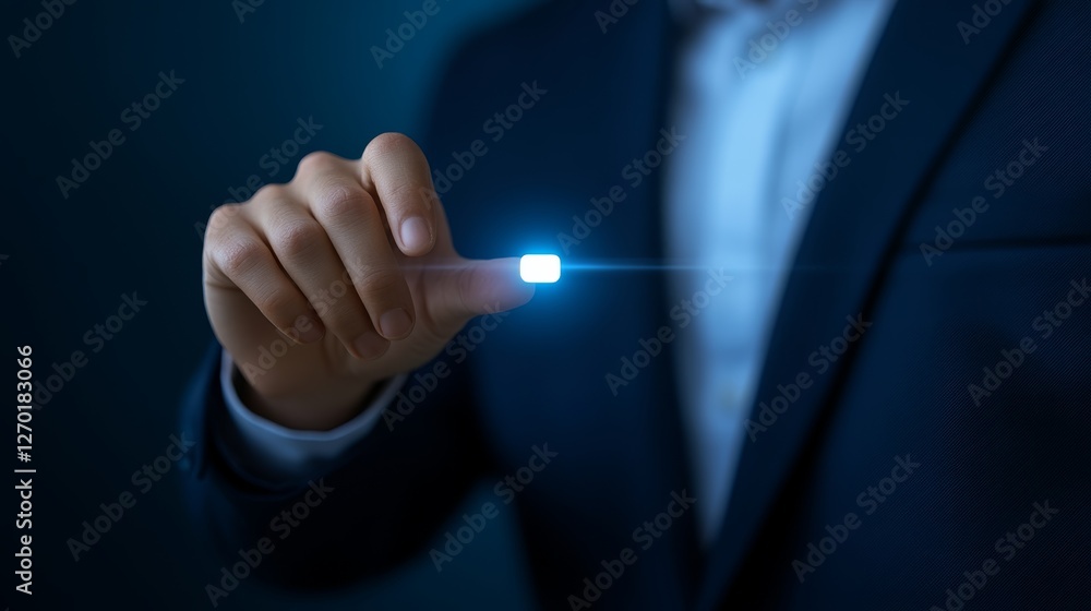 Poster man in suit activates digital interface, a glimpse into modern technological interaction