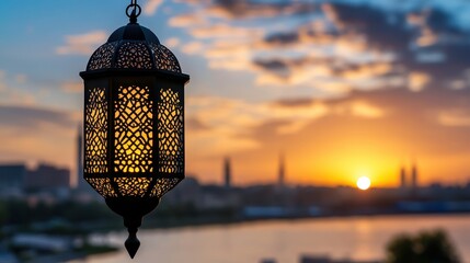 Ornate Lantern Hanging Against Sunset Over City Skyline with Soft Glow and Beautiful Colors