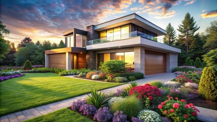 Fototapeta premium Modern Architectural Home with Lush Landscaping at Sunset