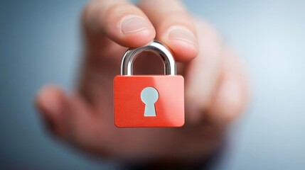 A person holding red padlock, symbolizing security, protection and privacy closeup