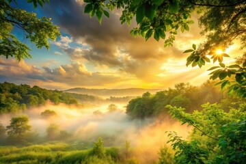 Fototapeta premium Golden Sunrise Mist Over Lush Valley Framed by Verdant Canopy
