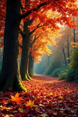 Fototapeta premium Colorful maple leaves scattered on forest floor, tree, nature, ground