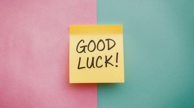 A yellow sticky note displays the words good luck