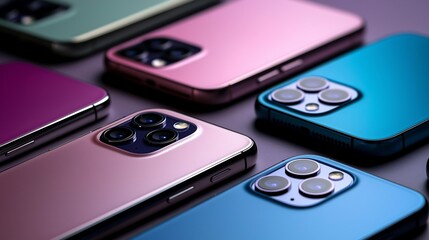 Close Up of Multiple Colorful Phones Arranged Against a Soft Gradient Background