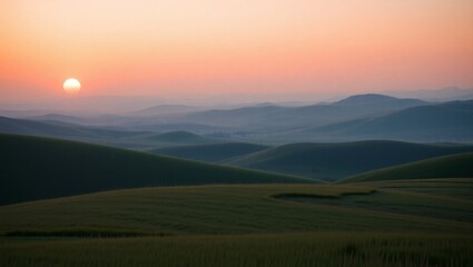 Fototapeta premium Tranquil Sunrise Over Rolling Hills and Open Fields