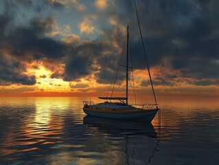 scenic view of sailboat with wooden deck and mast with rope floating on rippling dark sea against cloudy sunset sky - ai