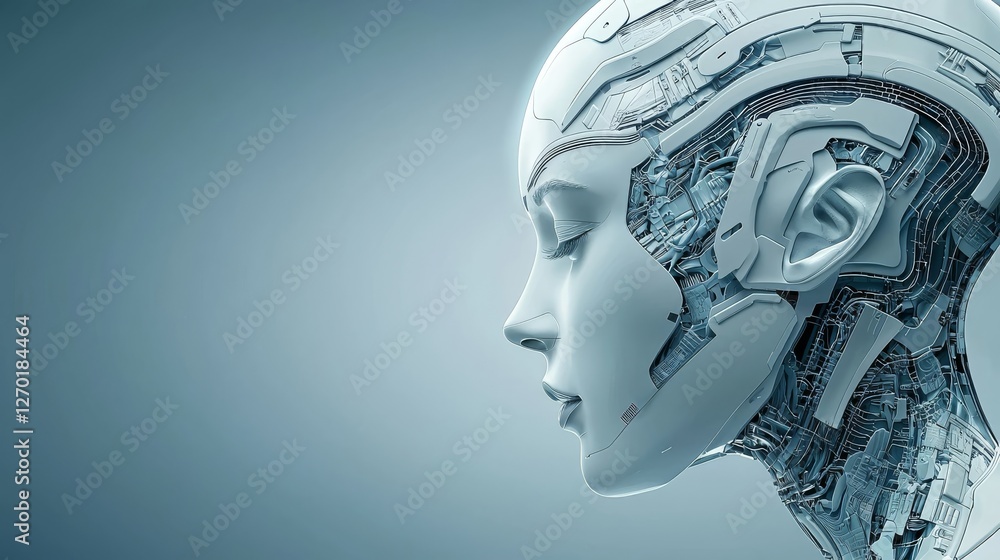Poster robotic head with exposed circuitry, a glimpse into the future of artificial intelligence