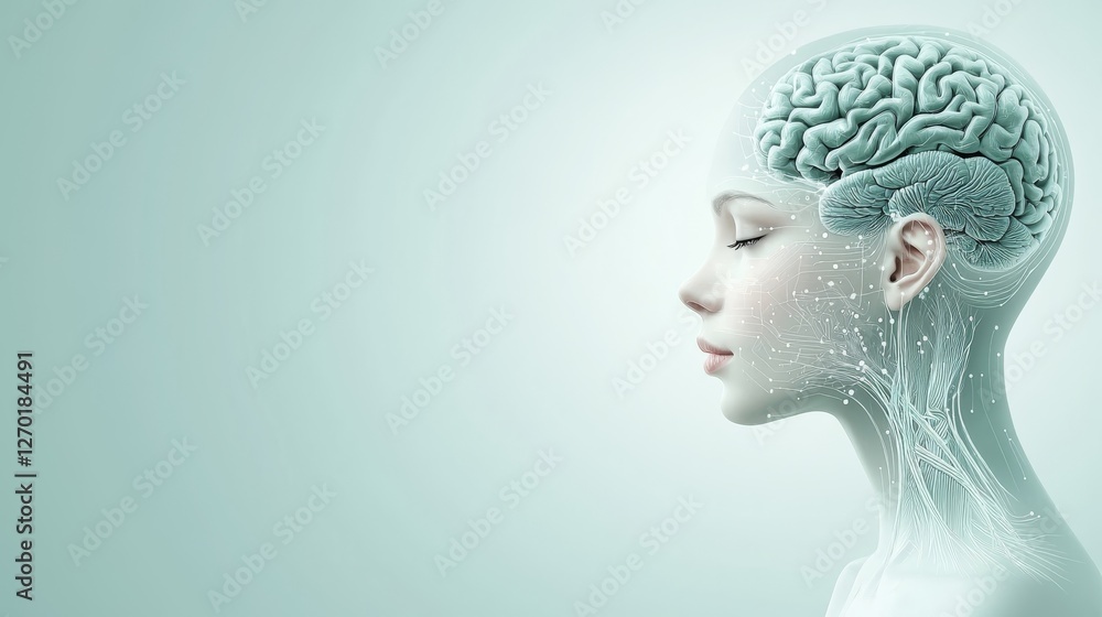 Poster intricate brain network within a woman's head, visual representation of thoughts and neural connecti