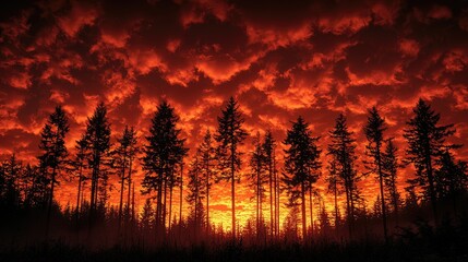 Majestic sunset casting vibrant orange and red hues over silhouetted pine trees in a forest