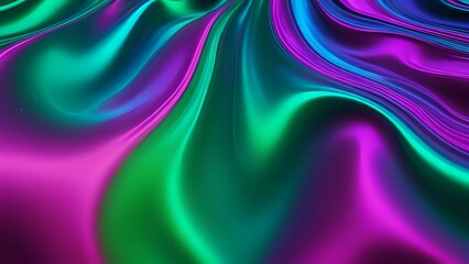 Obraz premium Iridescent holographic waves with a smooth, fluid texture in electric green and deep magenta, creating a bold and futuristic abstract background