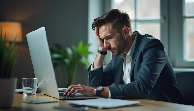 Tired exhausted Caucasian businessman bored fatigued male designer with computer project sad overworked overtime working at creative modern office business man employer work laptop boring deadline