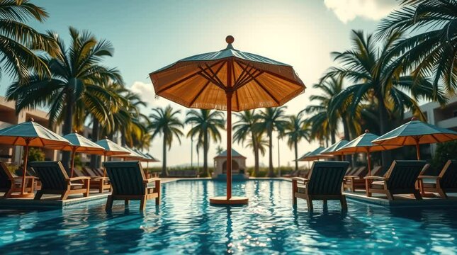 Close-up of a poolside umbrella with palm trees in the background