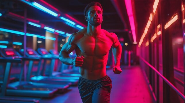 A dedicated athlete showcases intense determination as he runs with purpose in a high-tech gym adorned with dynamic neon lights. The atmosphere reflects energy and motivation during evening workouts