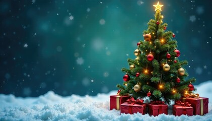 Obraz premium Evergreen Christmas tree with ornaments and presents under it, winter wonderland, Christmas trees