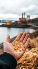 Gold Nuggets in Hand Near Industrial Background
