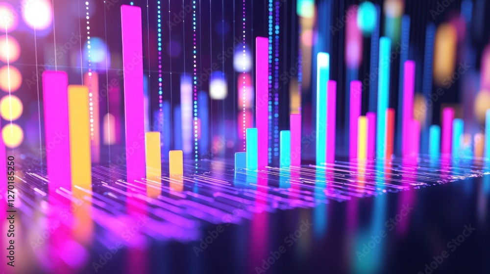 Poster colorful data visualization with neon bars and digital elements