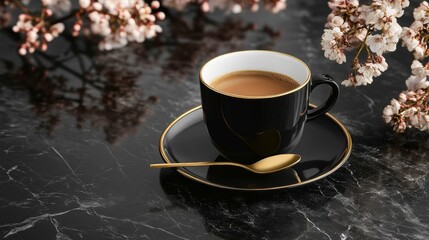 Black Coffee Cup Saucer And Spoon With Blossoms