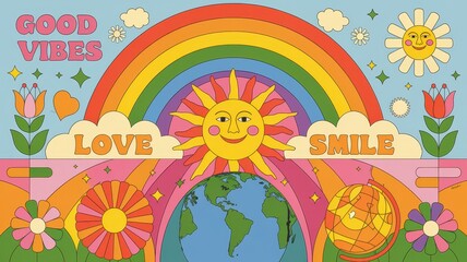 Groovy illustration depicting world peace love and happiness