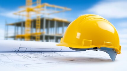 Yellow hard hat on blueprint, construction, engineering and architectural design project
