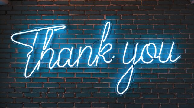 A blue thank you neon sign is mounted on brick wall