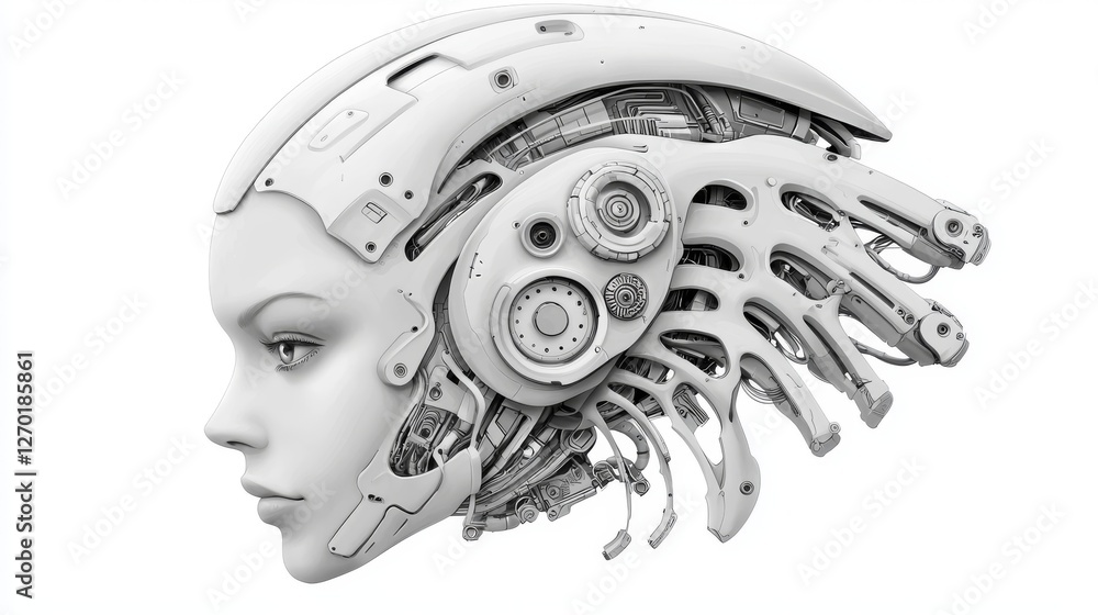 Aufkleber detailed white robot head with intricate gears and cogs, a glimpse into advanced robotics